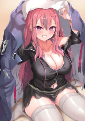 Rule 34 | 1girl, absurdres, ana (vvvvor), arms up, azur lane, black jacket, black shorts, blush, breasts, bremerton (azur lane), bremerton (relaxation consultation) (azur lane), cleavage, clothing cutout, collarbone, commentary, drawstring, gold bracelet, grey hair, hair between eyes, hair down, highres, jacket, jacket on head, jacket over head, large breasts, long hair, looking at viewer, mole, mole on breast, mole under eye, multicolored hair, nail art, navel, navel cutout, navel piercing, off shoulder, official alternate costume, official alternate hairstyle, parted lips, piercing, pink eyes, pink hair, purple tank top, shadow, short shorts, shorts, sidelocks, single bare shoulder, sitting, skindentation, smile, solo, streaked hair, tank top, thighhighs, toeless legwear, two-tone hair, wariza, white thighhighs