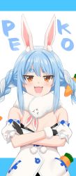 Rule 34 | 1girl, :3, animal ears, black gloves, blue hair, breasts, carrot hair ornament, chameleon (ryokucha combo), cleavage, crossed arms, detached sleeves, don-chan (usada pekora), eyebrows hidden by hair, food-themed hair ornament, gloves, grey hair, hair ornament, highres, hololive, open mouth, rabbit ears, rabbit girl, sidelocks, small breasts, smile, solo, thick eyebrows, upper body, usada pekora, usada pekora (1st costume), virtual youtuber