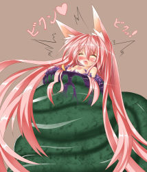 Rule 34 | 1girl, animal ears, bad id, bad pixiv id, blush, breasts, breath, closed eyes, fox ears, heart, highres, long hair, nipples, open mouth, orgasm, original, pink hair, saliva, simple background, slime, solo, source request, tinkvov, topless, very long hair, vore, wince