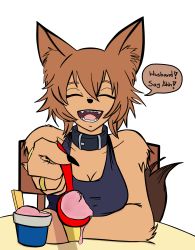 Rule 34 | 10s, 1girl, ^ ^, absurdres, animal ears, artist request, blush, breasts, brown hair, claws, cleavage, closed eyes, collar, colorized, dog ears, dog girl, dog tail, english text, fang, fangs, food, furry, furry female, happy, highres, ice cream, incoming food, interacting with viewer, jewelry, kobold, monster girl, monster musume no iru nichijou, open mouth, polt, ring, sharp teeth, smile, solo, sports bra, sportswear, tail, tank top, teeth, text focus, transparent background, wedding band, wristband