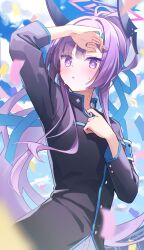 Rule 34 | 1girl, absurdres, black jacket, blue archive, blue headband, blue sky, blunt bangs, blurry, blush, cloud, cloudy sky, commentary, confetti, depth of field, gakuran, halo, headband, headgear, highres, jacket, long hair, long sleeves, looking at viewer, matsushika, official alternate costume, ouendan, outdoors, parted lips, ponytail, purple eyes, purple hair, revision, school uniform, sidelocks, sky, solo, sweat, upper body, utaha (blue archive), utaha (cheer squad) (blue archive), wiping sweat