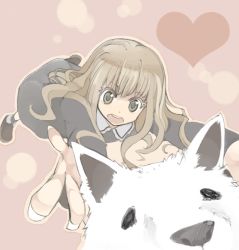 Rule 34 | 1girl, brown eyes, brown hair, dog, dress, heart, long hair, monorino, open mouth, original, outline, outstretched arms, solo