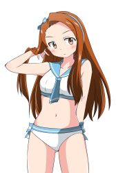 Rule 34 | 1girl, arm behind back, bare shoulders, bikini, blue hairband, blue neckerchief, blue sailor collar, blush, breasts, brown eyes, brown hair, closed mouth, collarbone, commentary, cowboy shot, dot nose, hairband, hand in own hair, hand up, highres, idolmaster, idolmaster (classic), idolmaster million live!, idolmaster million live! theater days, long hair, looking at viewer, minase iori, nanakusa suzuna, navel, neckerchief, sailor bikini, sailor collar, sailor swimsuit (idolmaster), side-tie bikini bottom, small breasts, solo, standing, swimsuit, white background, white bikini