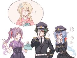 Rule 34 | !, !?, ..., 1boy, 3girls, alternate costume, aqua hair, bag, belt, black dress, black hair, black headwear, black jacket, black necktie, black skirt, blonde hair, blue bag, blue hair, blush, bow, buttons, closed eyes, closed mouth, collared shirt, commentary, cone hair bun, covering own mouth, dress, enefue, english commentary, fingernails, flower, ganyu (genshin impact), genshin impact, gloves, hair between eyes, hair bow, hair bun, hair flower, hair ornament, hakama, hakama skirt, hand up, hands up, hat, heart, highres, holding, holding bag, index finger raised, jacket, japanese clothes, katana, keqing (genshin impact), kimono, lapels, long hair, long sleeves, looking at another, lumine (genshin impact), multicolored eyes, multicolored hair, multiple girls, necktie, open mouth, own hands together, pink bow, pink eyes, pink kimono, plaid, plaid kimono, ponytail, purple hair, purple shirt, red bow, shirt, short hair, short hair with long locks, short sleeves, sidelocks, simple background, skirt, smile, speech bubble, spoken character, spoken exclamation mark, spoken heart, standing, striped bow, sword, twintails, two-tone hair, weapon, white background, white belt, white flower, white gloves, white shirt, xiao (genshin impact), yellow eyes