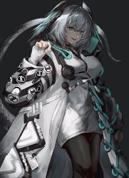 Rule 34 | 1girl, arknights, black pantyhose, blue eyes, breasts, coat, dress, fang, feet out of frame, fingerless gloves, gloves, grey background, grey hair, hand up, head wings, highres, ho&#039;olheyak (arknights), large breasts, long sleeves, looking at viewer, open clothes, open coat, open mouth, pantyhose, ruyu (txzy22), short hair, simple background, snake tail, solo, tail, white coat, white dress, white gloves, wings