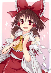 Rule 34 | 1girl, :d, ascot, blush, bow, brown hair, detached sleeves, gohei, hair bow, hair tubes, hakurei reimu, highres, long hair, looking at viewer, monrooru, open mouth, red bow, red eyes, red skirt, ribbon-trimmed sleeves, ribbon trim, shide, sidelocks, skirt, skirt set, smile, solo, sparkle, touhou, vest
