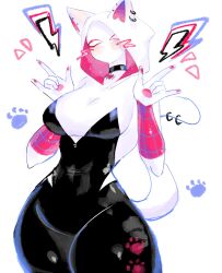 Rule 34 | 1girl, animal ears, black bodysuit, black choker, blush, bodysuit, breasts, cat ears, cat tail, choker, double v, gwen stacy, highres, hood, hood up, looking at viewer, marvel, medium breasts, paw print, piercing, simple background, solo, spider-gwen, spider-man (series), superhero costume, tail, tail ornament, tail piercing, thick thighs, thighs, two-tone bodysuit, usa37107692, v, white background, white bodysuit