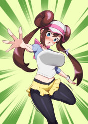 1girl :d black_pantyhose blue_eyes bow breast_expansion breasts bright_pupils brown_hair commentary_request creatures_(company) double_bun doughnut_hair_bun game_freak hair_bun happy large_breasts leg_up long_hair majin_(marcia) nintendo open_mouth pantyhose pantyhose_under_shorts pink_bow pokemon pokemon_bw2 raglan_sleeves rosa_(pokemon) short_shorts shorts smile solo spread_fingers tongue twintails visor_cap white_pupils yellow_shorts