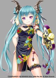 Rule 34 | 1girl, blue hair, breasts, chinese clothes, cleavage, dress, fang, floral print, flower, green dress, hair ornament, hakuda tofu, hand fan, hand on own hip, highres, holding, holding fan, horns, long hair, medium breasts, official art, purple eyes, shinkai no valkyrie, smile, solo, spread legs, standing, thigh strap, twintails, very long hair