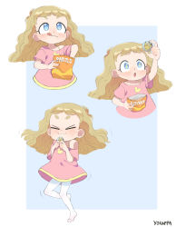 Rule 34 | &gt; &lt;, 1girl, :o, :p, artist name, bag, bag of chips, ball, blonde hair, blue background, blue eyes, blush, border, child, chips (food), creatures (company), dress, female focus, food, freckles, full body, game freak, gen 1 pokemon, happy, highres, holding, holding bag, jumping, nintendo, original, pantyhose, pikachu, pink dress, pokemon, pokemon (creature), short eyebrows, smile, solo, tareme, tongue, tongue out, toy, wavy hair, white border, white pantyhose, yokappa (jokappa)
