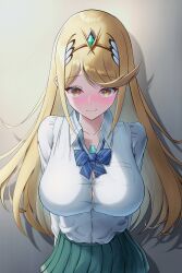 Rule 34 | alternate costume, blonde hair, breasts, chest jewel, gem, headpiece, highres, large breasts, long hair, mythra (xenoblade), okazu2010015, solo, swept bangs, tiara, very long hair, xenoblade chronicles (series), xenoblade chronicles 2, yellow eyes