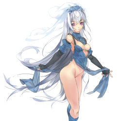 Rule 34 | 10s, 1girl, arched back, bare shoulders, breasts, clothes lift, dress, dress lift, eyebrows, grin, highres, hitsugi no chaika, layla (hitsugi no chaika), lifted by self, long hair, looking at viewer, mitsugo (mgo), no panties, pelvic curtain, purple eyes, see-through, silver hair, smile, solo, thick eyebrows, veil, very long hair