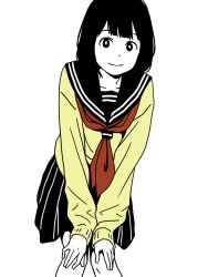 Rule 34 | 1girl, black hair, black sailor collar, black skirt, closed mouth, flat color, hands on own knees, highres, hosoo, knees together feet apart, leaning forward, legs together, long sleeves, looking at viewer, monochrome, original, pleated skirt, sailor collar, school uniform, serafuku, shirt, short hair, simple background, skirt, solo, v arms, white background, yellow shirt