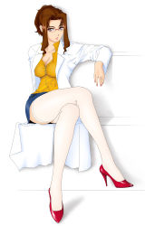 Rule 34 | 00s, 1girl, artist request, blue skirt, breasts, brown hair, cleavage, collared shirt, crossed legs, facing viewer, full body, glasses, high heels, lab coat, looking at viewer, medium breasts, miniskirt, nanamori sayoko, parted lips, pencil skirt, pumps, rahxephon, red footwear, red heels, shirt, shoes, sidelocks, sitting, skirt, solo, thighhighs, thighs, white thighhighs, yellow shirt