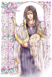 Rule 34 | 1boy, brown hair, cat, character name, closed mouth, harp, highres, holding, holding instrument, instrument, kazuki-mendou, tolkien&#039;s legendarium, long hair, long sleeves, looking at viewer, male focus, purple eyes, robe, salgant, signature, smile, solo, standing, the silmarillion, wide sleeves