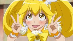 Rule 34 | 10s, 1girl, ahegao, animated, animated gif, blonde hair, blush, bow, cure peace, double v, eyelashes, hair flaps, heavy breathing, kise yayoi, lowres, non-web source, precure, smile precure!, tongue, twintails, v, wrist cuffs, yellow bow, yellow eyes, yellow theme