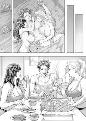 Rule 34 | 1boy, 2girls, absurdres, alternate breast size, animification, baguette, black cat (marvel), bread, breakfast, breasts, cirenk, crop top, felicia hardy, food, highres, large breasts, marvel, mary jane watson, monochrome, multiple girls, peter parker, shirt, sleeping, smile, spider-man (series), under covers, underwear, underwear only, used tissue, white shirt