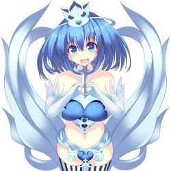 Rule 34 | 1girl, :d, bare shoulders, black legwear, blue eyes, blue hair, blush, breasts, collarbone, cowboy shot, crown, elbow gloves, gloves, hair between eyes, hands up, heart, heart-shaped pupils, heart hands, large breasts, long hair, looking at viewer, midriff, mini crown, navel, open mouth, original, own hands together, personification, phantasy star, phantasy star online 2, revealing clothes, simple background, smile, solo, striped clothes, striped legwear, striped thighhighs, sukage, symbol-shaped pupils, thighhighs, thighs, vertical-striped clothes, vertical-striped legwear, vertical-striped thighhighs, white background, white legwear