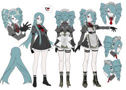 Rule 34 | absurdres, aqua hair, bags under eyes, boots, bow, character sheet, closed mouth, drill hair, gloves, hair down, hair over one eye, high heels, highres, loalo, long hair, maid, maid headdress, necktie, original, pointy ears, red eyes, simple background, skirt, strap, white background