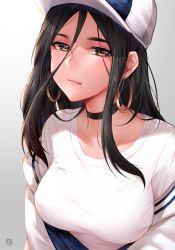 Rule 34 | 1girl, black choker, black hair, breasts, brown eyes, brown hair, choker, commentary request, copyright request, earrings, hair between eyes, highres, hoop earrings, hua-j, jewelry, large breasts, mole, mole under mouth, shirt, short sleeves, simple background, solo, white background, white shirt