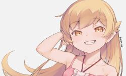 Rule 34 | 1girl, adjusting hair, bare shoulders, blonde hair, collarbone, commentary request, dress, fangs, jingai modoki, looking at viewer, monogatari (series), oshino shinobu, pink dress, pointy ears, simple background, smile, solo, teeth, upper body, white background, yellow eyes