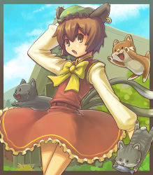 Rule 34 | 1girl, animal ears, brown eyes, brown hair, cat, cat ears, cat tail, chen, dress, earrings, female focus, fish, hat, jewelry, multiple tails, nakune, nature, outdoors, paw print, plant, short hair, sky, solo, tail, touhou