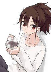 Rule 34 | 1girl, black pants, brown hair, coffee, coffee mug, cup, glint, highres, holding, jewelry, long sleeves, looking at viewer, mug, original, pants, parted lips, ponytail, red eyes, ring, rucchiifu, shirt, simple background, sitting, solo, wedding band, white background, white shirt