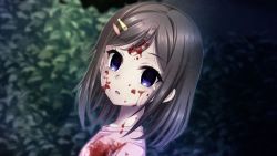 Rule 34 | 1girl, black hair, blood, creepy, crying, empty eyes, eyebrows, grand guignol no yoru, hair ornament, hairclip, looking at viewer, night, open mouth, outdoors, short hair, solo, tears, tinkerbell