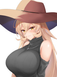 Rule 34 | 1girl, arms behind back, bare shoulders, black sweater, blonde hair, blush, breasts, brown headwear, clothing cutout, fang, fang out, hair between eyes, highres, jewelry, large breasts, long hair, looking at viewer, necklace, nijisanji, nui sociere, nui sociere (4th costume), reirall, ribbed sweater, shoulder cutout, simple background, skin fang, smile, solo, sweater, turtleneck, turtleneck sweater, upper body, very long hair, virtual youtuber, white background, yellow eyes