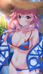 Rule 34 | 1girl, absurdres, bare shoulders, bikini, blue bikini, blush, breasts, brown eyes, cleavage, collarbone, cowboy shot, day, fate/grand order, fate (series), halterneck, hat, highres, large breasts, long hair, looking at viewer, navel, outdoors, pink hair, shawl, side-tie bikini bottom, smile, solo, standing, stomach, straw hat, string bikini, suisen-21, sunlight, swimsuit, tamamo (fate), tamamo no mae (fate/extra), tamamo no mae (swimsuit lancer) (fate), tamamo no mae (swimsuit lancer) (second ascension) (fate), tamamo no mae (swimsuit lancer) (third ascension) (fate)