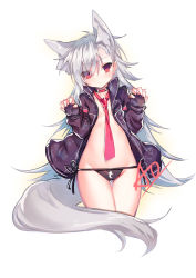 Rule 34 | 1girl, animal ear fluff, animal ears, ao jun, bare pectorals, bikini, bikini bottom only, black bikini, black gloves, breasts, closers, commentary, fingerless gloves, gloves, hair over one eye, jacket, long hair, long sleeves, looking at viewer, messy hair, necktie, open clothes, open jacket, pectorals, ponytail, red eyes, red necktie, signature, silver hair, simple background, small breasts, solo, swimsuit, tail, tina (closers), white background, wolf ears, wolf tail