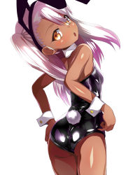 Rule 34 | 1girl, :o, animal ears, ass, bare shoulders, black leotard, blush, breasts, brown eyes, chloe von einzbern, covered erect nipples, cowboy shot, dark-skinned female, dark skin, detached collar, fake animal ears, fake tail, fate/grand order, fate/kaleid liner prisma illya, fate (series), female focus, from behind, hairband, highres, leotard, long hair, looking back, open mouth, pink hair, playboy bunny, rabbit ears, rabbit tail, shimejinameko, shiny clothes, shiny skin, simple background, small breasts, solo, standing, tail, tareme, white background, wrist cuffs, yellow eyes