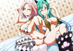 Rule 34 | 2girls, animal ears, animal print, bare arms, bare shoulders, bed, bikini, blue eyes, breasts, cat ears, cat tail, collar, covered erect nipples, dutch angle, fake animal ears, fake tail, feet, food, green hair, holding, ice cream, large breasts, legs, crossed legs, leopard print, long hair, looking at viewer, multiple girls, navel, one eye closed, pink hair, short hair, sitting, smile, sumisu (mondo), swimsuit, tail, thighhighs, thighs, twintails, wink, yellow eyes