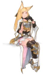 Rule 34 | 1girl, :t, absurdres, animal ears, armor, black choker, black gloves, black ribbon, black thighhighs, blonde hair, blush, boots, braid, breastplate, breasts, brown eyes, choker, closed mouth, eating, erune, faulds, food, food on face, french braid, full body, gloves, granblue fantasy, hair ornament, highres, holding, knee boots, knee pads, long hair, long sleeves, medium breasts, midriff, n9+, pink lips, ribbon, sideboob, simple background, sitting, skirt, solo, straight hair, thighhighs, thighs, very long hair, waist cape, white background, white footwear, white skirt, yuisis (granblue fantasy), zettai ryouiki