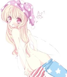 Rule 34 | 1girl, american flag legwear, ass, back, blonde hair, butt crack, clothes pull, clownpiece, cowboy shot, fairy wings, from behind, hat, inasa orange, jester cap, long hair, no panties, open mouth, pantyhose, pantyhose pull, pink eyes, polka dot, purple hat, simple background, solo, star (symbol), star print, striped, topless, touhou, white background, wings