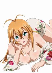 Rule 34 | 00s, 1girl, blonde hair, breasts, brown hair, cleavage, collarbone, female focus, green eyes, hand on own cheek, hand on own face, ikkitousen, large breasts, looking at viewer, lying, official art, on stomach, simple background, solo, sonsaku hakufu, white background