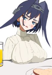 Rule 34 | 1girl, blue hair, blush, bread slice, breast rest, breasts, breasts on table, food, hair intakes, head tilt, highres, hololive, hololive english, large breasts, ouro kronii, pea (poopingirl), plate, ribbed sweater, short hair, solo, sweater, toast, virtual youtuber