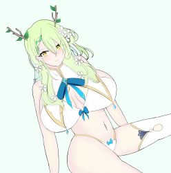 Rule 34 | 1girl, bra, breasts, ceres fauna, earrings, estherelaitea, flower, flower on head, green hair, hair ornament, highres, holocouncil, hololive, hololive english, jewelry, large breasts, long hair, mole, mole under eye, navel, panties, underwear, virtual youtuber, white panties, yellow eyes