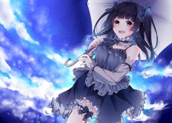 Rule 34 | 1girl, black bow, black hair, blush, bow, character request, earrings, hair bow, holding, holding umbrella, jewelry, looking at viewer, medium hair, miracle nikki, nanase eka, open mouth, smile, solo, teeth, thighhighs, twintails, umbrella, white thighhighs