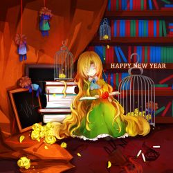 Rule 34 | 1girl, ascot, birdcage, blonde hair, book, bookshelf, brooch, cage, crayon, doll, dress, flower, green dress, happy new year, highres, holiday, ib (kouri), jewelry, long hair, mary (ib), new year, petals, rose, rue (wyha666), shelf, smile, solo