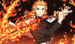 Rule 34 | 1boy, belt, black jacket, blonde hair, blurry, buttons, cape, closed mouth, colored tips, commentary request, depth of field, embers, fire, fire, flaming sword, flaming weapon, forehead, forked eyebrows, gakuran, gradient background, hands up, highres, holding, holding sword, holding weapon, jacket, k (gear labo), katana, kimetsu no yaiba, long hair, long sleeves, looking at viewer, male focus, multicolored hair, orange eyes, red hair, rengoku kyoujurou, school uniform, simple background, smile, solo, sword, thick eyebrows, two-tone hair, upper body, weapon, white belt, white cape