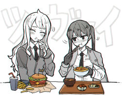 Rule 34 | 2girls, blush, burger, chopsticks, collared shirt, cup, disposable cup, eating, food, french fries, gloves, greyscale, index finger raised, isadora (project moon), jacket, jacket on shoulders, julia (project moon), katsudon (food), library of ruina, long hair, miso soup, monochrome, multiple girls, necktie, open mouth, project moon, shaking head, shirt, twintails, upper body, very long hair, yono neie