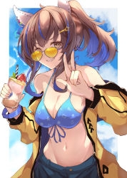 Rule 34 | 1girl, alternate costume, animal ears, bare shoulders, bikini, bikini top only, blue hair, blue nails, brown eyes, brown hair, collarbone, colored inner hair, cup, daitaku helios (umamusume), drinking straw, food, fruit, hair ornament, hairclip, highres, holding, holding cup, horse ears, horse girl, jacket, jacket partially removed, looking over eyewear, multicolored hair, nail polish, one eye closed, open clothes, open jacket, ponytail, ri cochet, shorts, solo, strawberry, streaked hair, sunglasses, swimsuit, tinted eyewear, umamusume, v, yellow-tinted eyewear