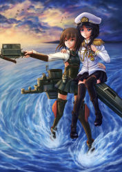 Rule 34 | 10s, 2girls, bike shorts, bow (weapon), brown eyes, brown hair, crossbow, female admiral (kancolle), flat chest, headband, headgear, highres, kantai collection, long hair, military, military uniform, multiple girls, naval uniform, pleated skirt, ryouryouiki, short hair, skirt, sky, taihou (kancolle), thighhighs, uniform, weapon