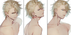 Rule 34 | 1boy, ahoge, aladdin (sinoalice), blonde hair, blue eyes, dated, hair over one eye, highres, looking at viewer, male focus, ojo aa, panels, parted lips, short hair, signature, simple background, sinoalice, solo, topless male, white background