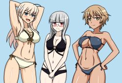 Rule 34 | 3girls, ahoge, arms behind head, bikini, black bikini, blonde hair, blue background, blunt bangs, blush, breasts, cleavage, front-tie bikini top, front-tie top, glasses, gluteal fold, grey bikini, grey hair, groin, groin tendon, hachimitsu-b, hair between eyes, hands on own hips, hanna-justina marseille, heidimarie w. schnaufer, jewelry, large breasts, long hair, multiple girls, navel, ring, semi-rimless eyewear, shiny skin, short hair, side-tie bikini bottom, smile, strike witches, swimsuit, thigh gap, thighs, v arms, waltrud krupinski, witches of africa, world witches series, yellow eyes