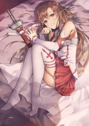 Rule 34 | 1girl, asuna (sao), bare shoulders, bed sheet, blush, braid, brown eyes, brown hair, closed mouth, commentary request, dated, detached sleeves, feet, female focus, hair between eyes, hands up, highres, knees up, long sleeves, lying, no shoes, on side, petals, pleated skirt, red skirt, sheath, sheathed, shirt, signature, skirt, sleeveless, sleeveless shirt, sleeves past wrists, smile, solo, sword, sword art online, thighhighs, thighs, weapon, white shirt, white sleeves, white thighhighs, yoshino ryou