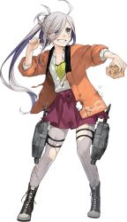 Rule 34 | 1girl, ahoge, asashimo (kancolle), beans, boots, bow, bowtie, cross-laced footwear, fujikawa, full body, grey eyes, grey hair, grey pantyhose, hair over eyes, hair over one eye, halterneck, kantai collection, lace-up boots, long hair, official art, pantyhose, ponytail, school uniform, setsubun, sharp teeth, shirt, solo, teeth, torn clothes, torn pantyhose, transparent background, white shirt