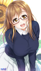 Rule 34 | 10s, 1girl, :d, blue sweater, blush, breasts, brown eyes, brown hair, collared shirt, commentary request, cowboy shot, floral background, flower, foreshortening, glasses, highres, hozumi kaoru, huge breasts, kunikida hanamaru, leaning forward, long hair, long sleeves, looking at viewer, love live!, love live! school idol festival, love live! sunshine!!, open mouth, red-framed eyewear, round teeth, semi-rimless eyewear, shirt, signature, skirt, smile, solo, sunflower, sweater, teeth, under-rim eyewear, white skirt, wing collar