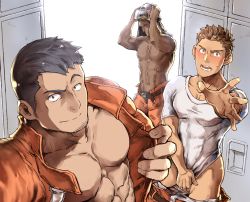 Rule 34 | 3boys, abs, absurdres, bara, bare pectorals, black hair, blush, brown hair, bulge, character request, clothes pull, coat, come hither, copyright request, covered abs, covering privates, covering crotch, facial hair, highres, konohanaya, large pectorals, locker, locker room, male focus, manly, multiple boys, muscular, navel, nipples, open clothes, open coat, pants, pants pull, pectorals, raised eyebrow, selfie, short hair, stubble, sweatdrop, thighs, toned, toned male, undressing, veins